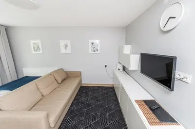 a living room with a couch and a flat screen tv at City break. Center in Kaunas