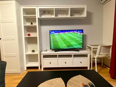 a living room with a tv on a white entertainment center at Your Home - Central studio apartment, balcony, parking & Self Check-in in Vilnius