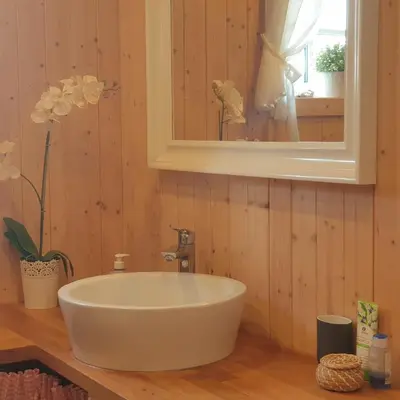 a bathroom with a white sink and a mirror at Villa Vita in Seimėnai