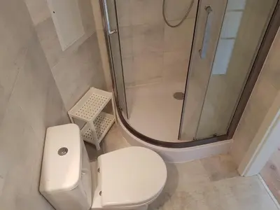 a bathroom with a toilet and a shower at Anykščiai Cozy Studio in Anykščiai
