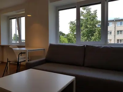 a living room with a couch and two windows at Anykščiai Cozy Studio in Anykščiai