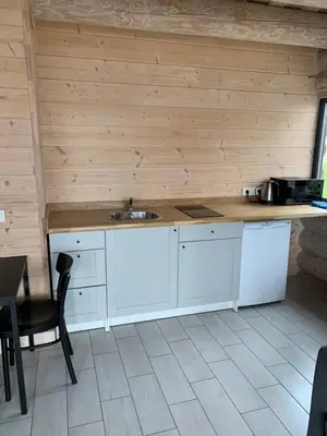 a kitchen with a counter and a sink in a room at Du Horizontai in Molėtai