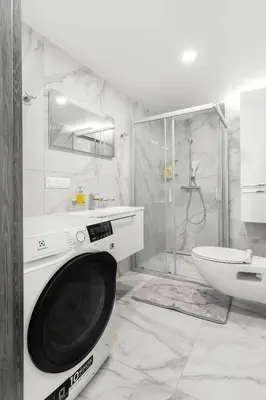 a washing machine in a bathroom with a shower at Luxurious Kaunas Basilica Apartment in Old Town by Urban Rent in Kaunas