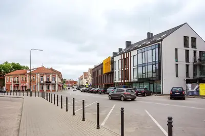 a city street with cars parked on the side of the road at Luxurious Kaunas Basilica Apartment in Old Town by Urban Rent in Kaunas