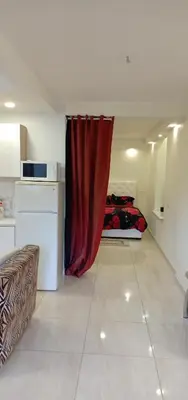 a room with a bed with a red curtain at Kaunas Downtown Apartments in Kaunas