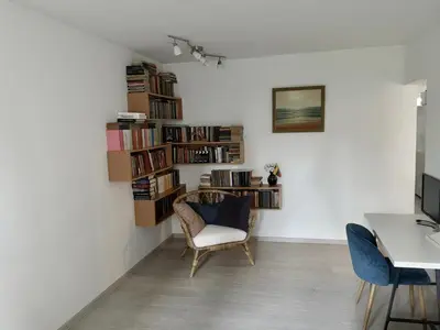 a living room with a chair and bookshelves at Homely apartment in Kėdainiai in Kėdainiai