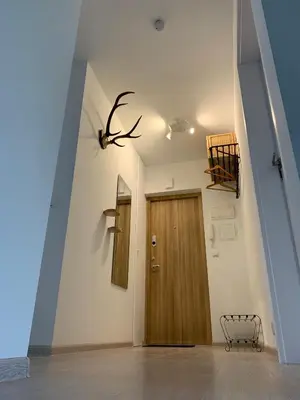 a hallway with a wooden door and a ceiling at Homely apartment in Kėdainiai in Kėdainiai