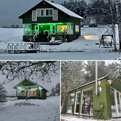 two pictures of a green house in the snow at ALANTOS ŽIRGAI Holiday Villas sauna or hottube additional price in Alanta