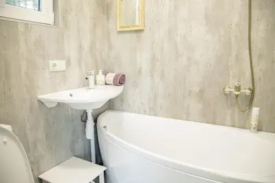 a bathroom with a sink and a tub and a toilet at ALANTOS ŽIRGAI Holiday Villas sauna or hottube additional price in Alanta
