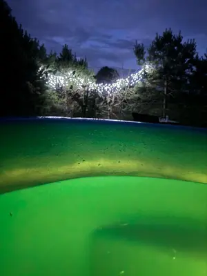 a view from under the water at night with lights at ALANTOS ŽIRGAI Holiday Villas sauna or hottube additional price in Alanta