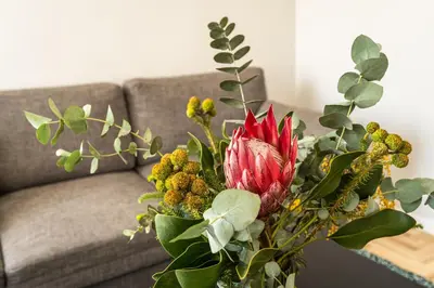 a vase with a red flower and other plants at Lovely apartment in the city center in Kaunas