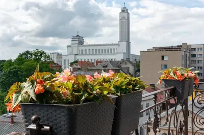 two potted plants on a balcony with a city at Heritage Boutique 'Green Hill' in Kaunas