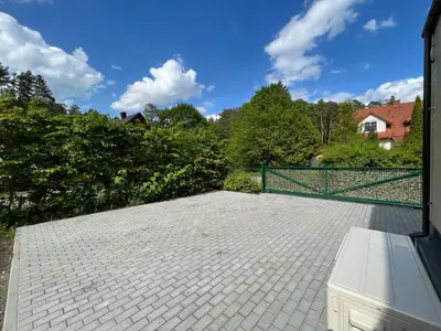 an empty patio with a fence and trees at Eden House in Druskininkai