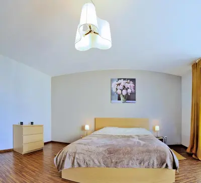 a bedroom with a bed and a chandelier at Kaminkelio apartment 44 in Vilnius