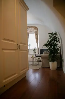 a living room with a couch and a potted plant at Heart of OLD TOWN - St. Ann apartment in Vilnius