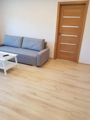 a living room with a blue couch and a wooden floor at Vilniaus 123 in Šiauliai