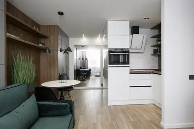 a kitchen and living room with a couch and a table at City Center Apartment in Siauliai in Šiauliai