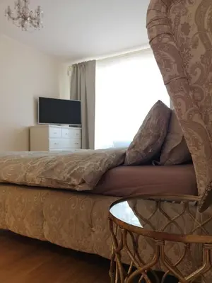 a living room with a couch and a television at Julia apartments next to AQUA PARK in Druskininkai
