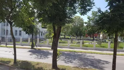 a street with trees and a white fence at TIP TOP in Šiauliai