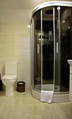 a bathroom with a toilet and a glass shower at Pasažo namai B&B in Raseiniai