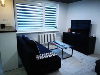 a living room with a couch and a table and a window at Black & White Studio in Anykščiai
