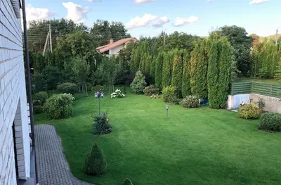 an aerial view of a garden with trees and grass at Arvydo Gylio sodyba in Ignalina