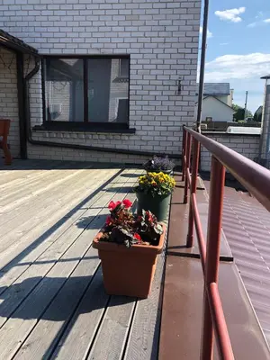 a porch with two potted plants on a deck at Arvydo Gylio sodyba in Ignalina