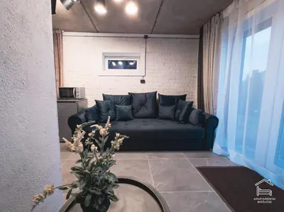 a living room with a blue couch in a room at Apartamentai Biržuose, cozy garage in Biržai