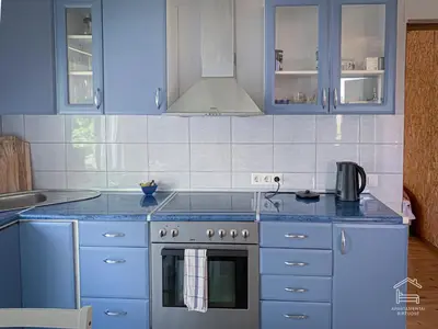 a kitchen with blue cabinets and a stove top oven at Apartamentai Biržuose, double bedroom and single bedroom Apartments in Biržai