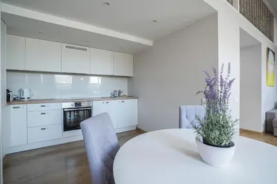 a white kitchen with a white table and chairs at A. Vienuolio gatvė Apartamentai in Vilnius