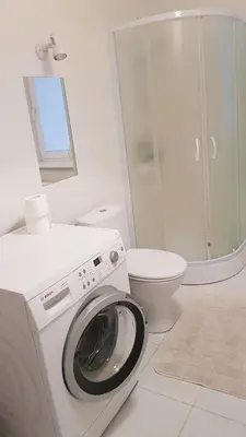 a white bathroom with a washing machine and a toilet at Sofia apartments, 6 rooms, 260m2 in Vilnius