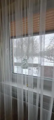 a window with white curtains in a room at Apartamentai pas Danutę in Prienai