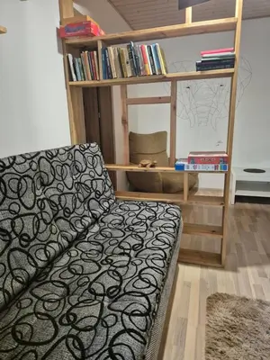 a living room with a couch and a book shelf at Apartamentai pas Danutę in Prienai