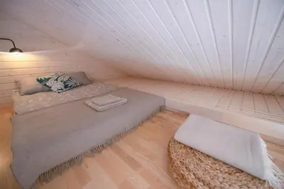 a bed in a small room with a white ceiling at VieniKrante in Utena