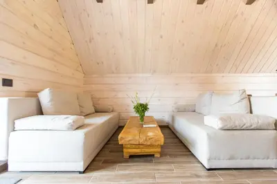 a living room with two couches and a table at Family house Vila Rica in Ricieliai