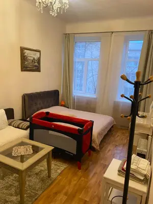 a living room with a bed and a couch at Sija's house in Kaunas