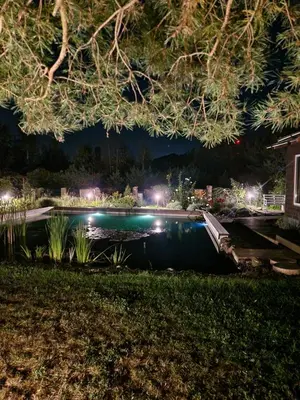 a pool with lights in a yard at night at Scent yard in Marijampolė