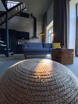 a living room with a blue couch and a rug at G - Owl Jazz -Modern loft type apartment 18 with big roof terrace and free private parking in Kaunas