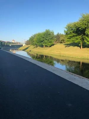 a road next to a river with trees and grass at Modern and Luxury Apartment in the Center of Kaunas in Kaunas