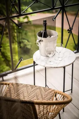 a bucket and two wine glasses on a table at Modern boutique apartment in the city center in Druskininkai