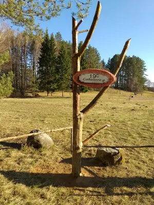 a sign on a tree in a field at Šeimos namelis - Mindūnų sodyba in Mindūnai