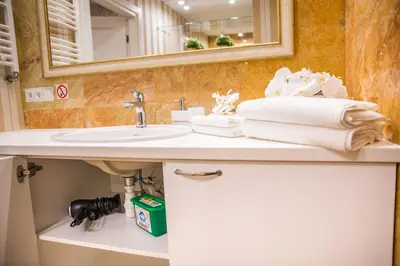 a bathroom with a sink and a mirror and towels at Antakalnis 5 stars apartment in Vilnius