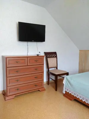 a bedroom with a dresser with a tv and a chair at Mini spa Harmonija in Zapyškis