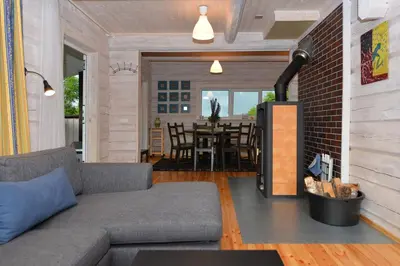 a living room with a couch and a fireplace at Kliukai in Dubingiai