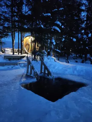 a park bench covered in snow at night at Kliukai in Dubingiai