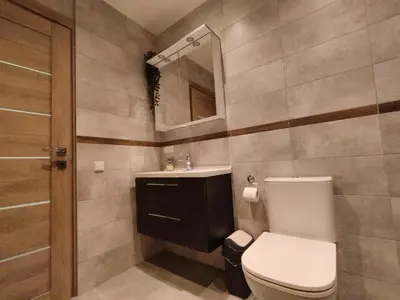 a bathroom with a toilet and a sink and a mirror at Apartments Franny's Bees in Vilnius
