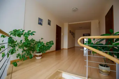 a hallway with two potted plants and a staircase at Laura in Vilnius