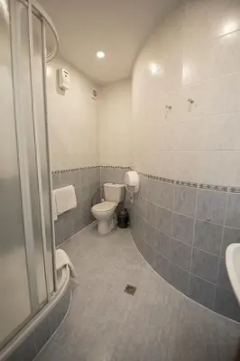 a bathroom with a toilet and a sink and a shower at Svečių Namai TEN in Marijampolė