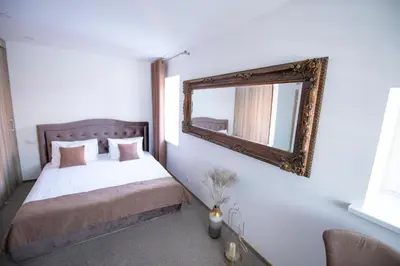 a bedroom with a bed with a mirror on the wall at Svečių Namai TEN in Marijampolė