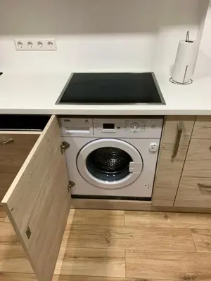 a kitchen with a washing machine in a counter at Alytus Apartament in Alytus